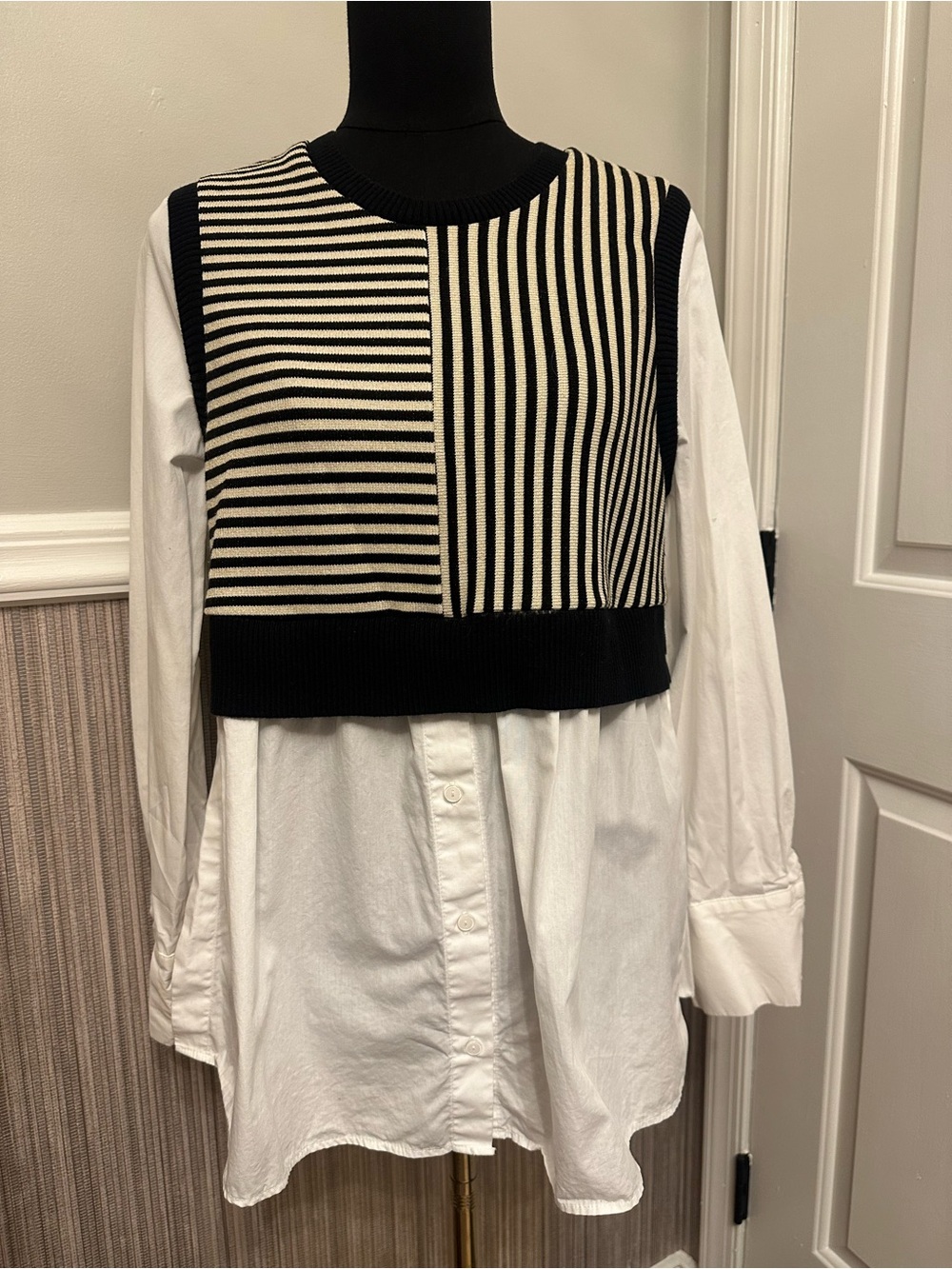 Anthropologie Maeve M Striped Mixed Media Layered Shirt Sweater Top